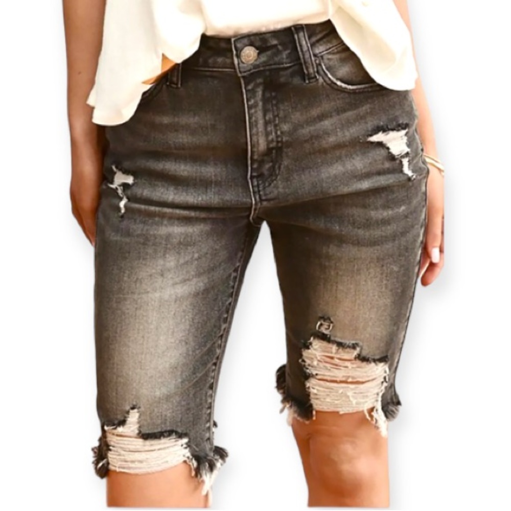 Risen High Rise Distressed Bermuda Shorts Black Grey Long Stretch Women’s Small